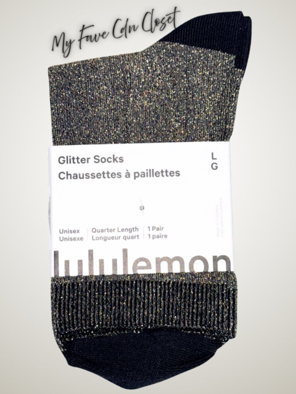 NWT Lululemon Black & Gold Glitter Quarter Unisex Socks sz L
